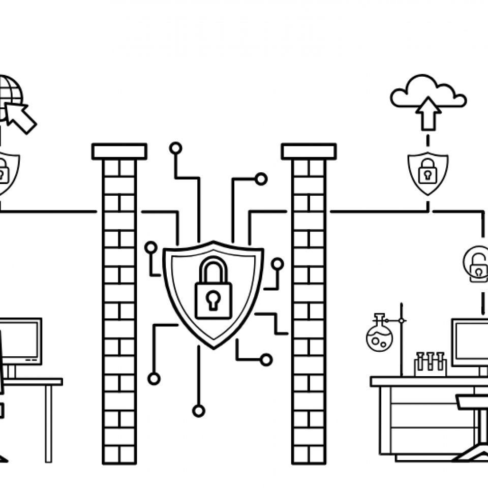 Infographic on the connection between office workstations and laboratory workstations and how to secure them -> Topic: OT security in production