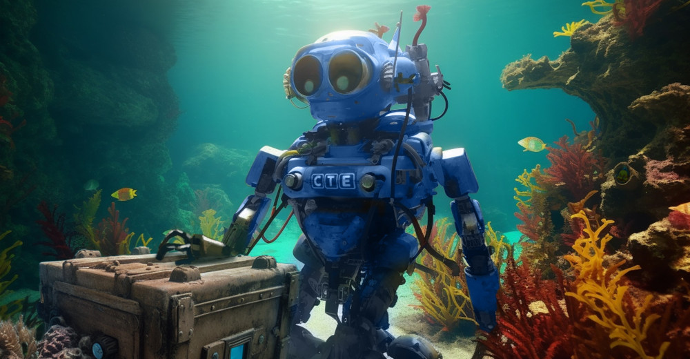 Roboter unter Wasser als Sinnbild für die suche nach dem Schatz auf dem Meeresgrund. Bild generiert mit künstlicher Intelligenz (Midjourney)