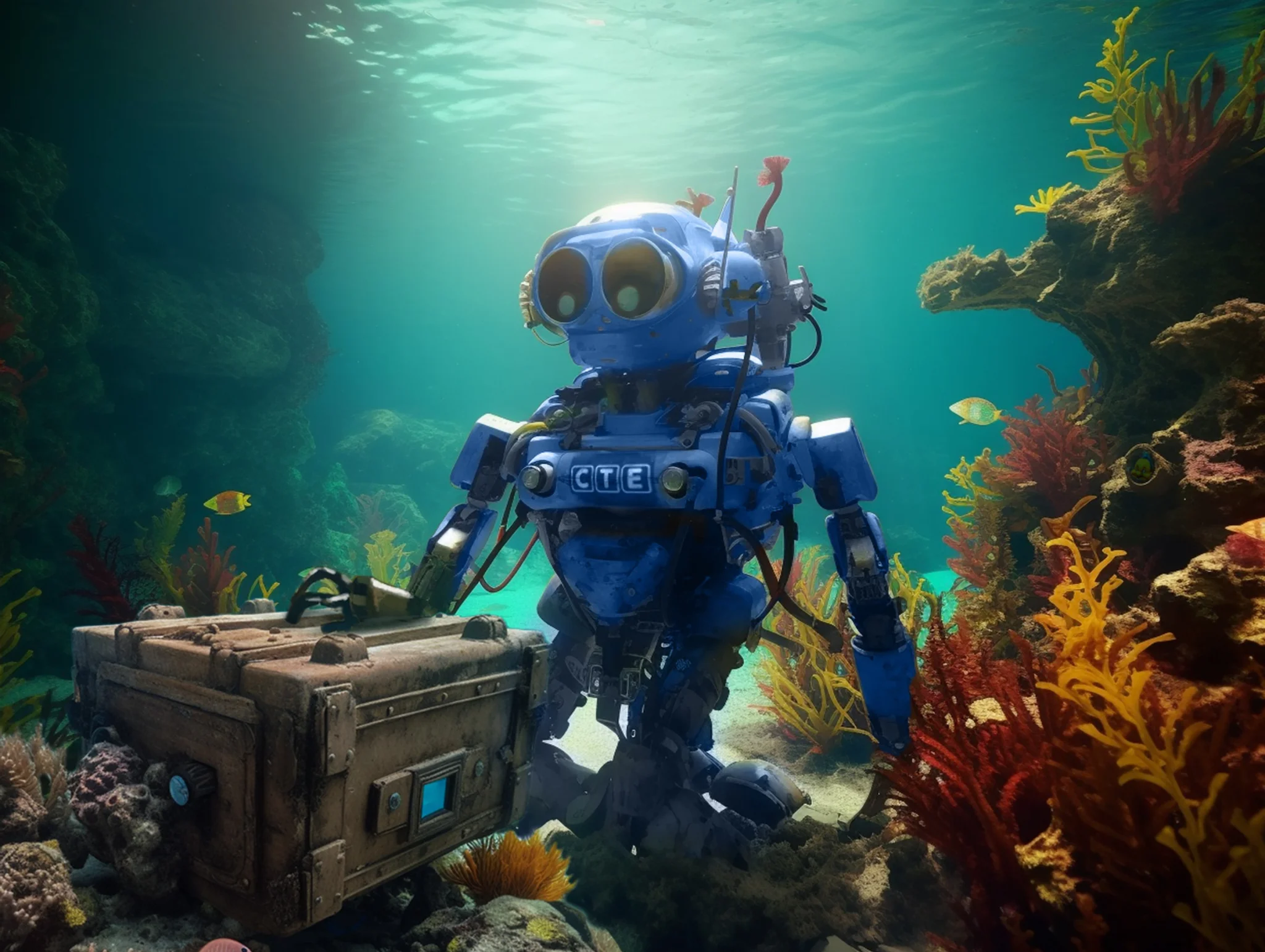 Robot under water as a symbol for the search for treasure at the bottom of the sea. Image generated with artificial intelligence (Midjourney).